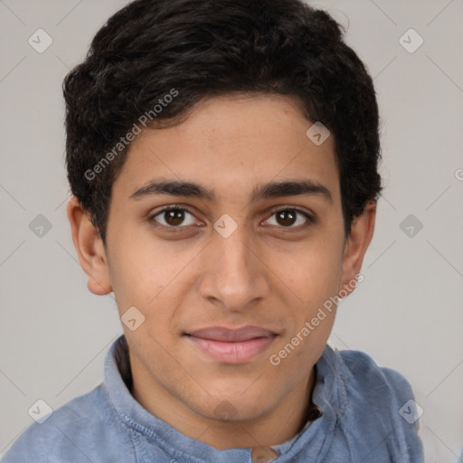 Joyful latino young-adult male with short  brown hair and brown eyes