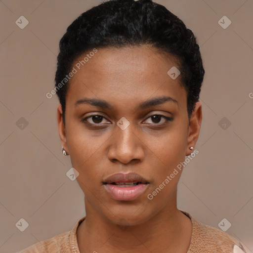 Joyful black young-adult female with short  black hair and brown eyes