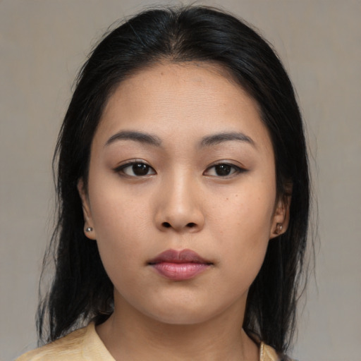 Neutral asian young-adult female with medium  black hair and brown eyes