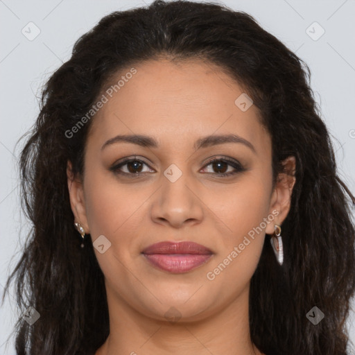 Joyful latino young-adult female with long  brown hair and brown eyes