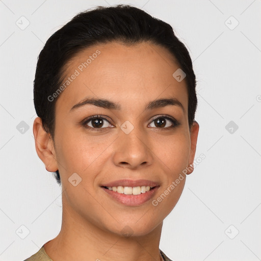 Joyful white young-adult female with short  brown hair and brown eyes