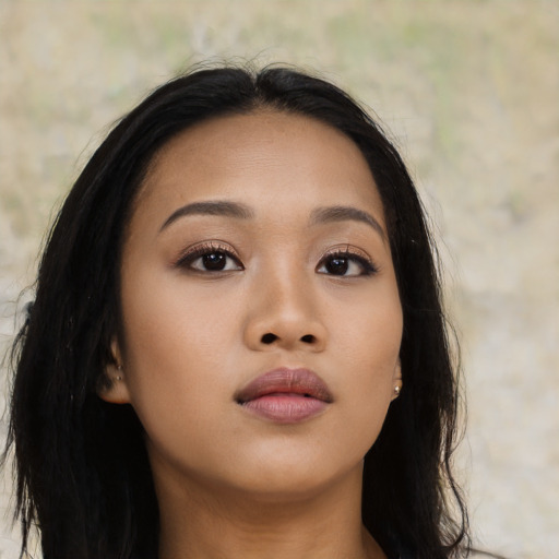 Neutral asian young-adult female with long  black hair and brown eyes