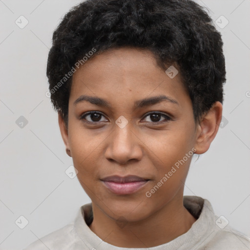 Joyful latino young-adult female with short  black hair and brown eyes