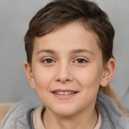 Joyful white child female with short  brown hair and brown eyes