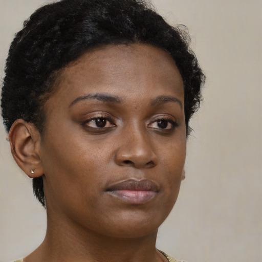 Neutral black young-adult female with short  brown hair and brown eyes
