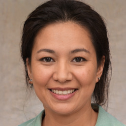 Joyful white adult female with medium  brown hair and brown eyes