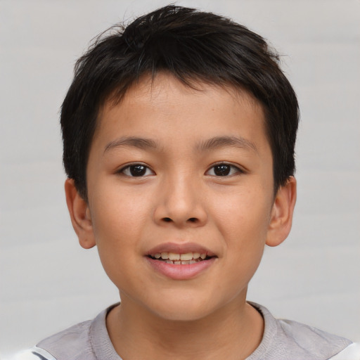 Joyful asian child male with short  brown hair and brown eyes