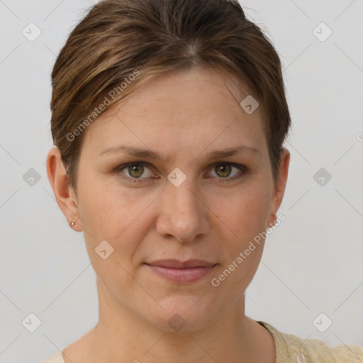 Joyful white young-adult female with short  brown hair and brown eyes