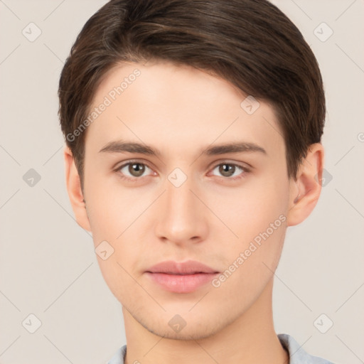 Neutral white young-adult male with short  brown hair and brown eyes