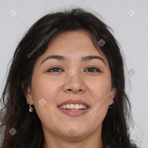 Joyful white young-adult female with long  brown hair and brown eyes