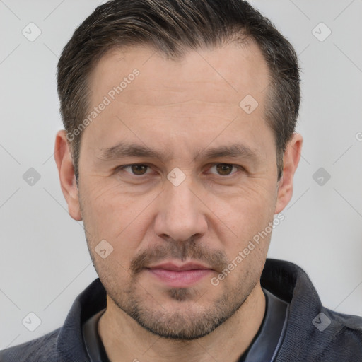 Neutral white adult male with short  brown hair and brown eyes