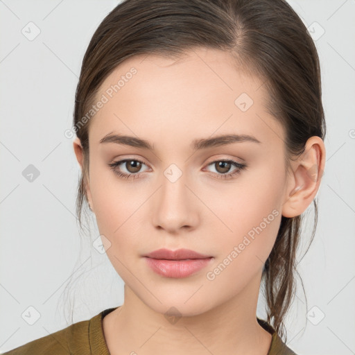 Neutral white young-adult female with medium  brown hair and brown eyes