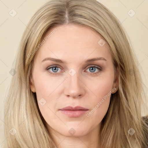 Neutral white young-adult female with long  brown hair and grey eyes