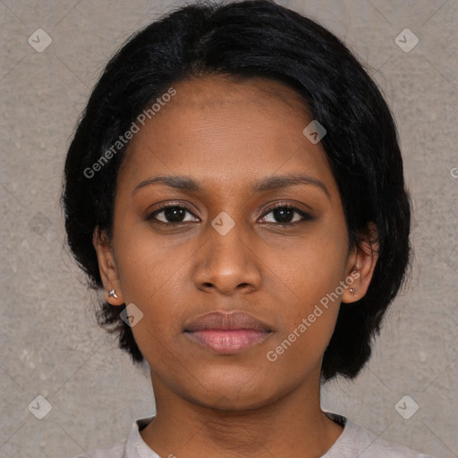 Neutral asian young-adult female with medium  black hair and brown eyes