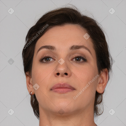 Neutral white young-adult female with medium  brown hair and brown eyes