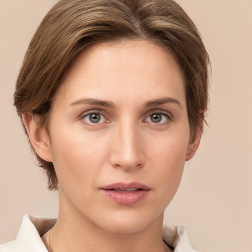 Neutral white young-adult female with short  brown hair and brown eyes