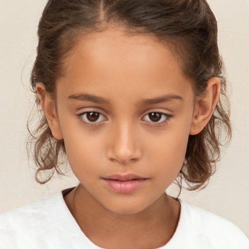 Joyful white child female with medium  brown hair and brown eyes