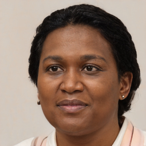 Joyful black adult female with short  brown hair and brown eyes