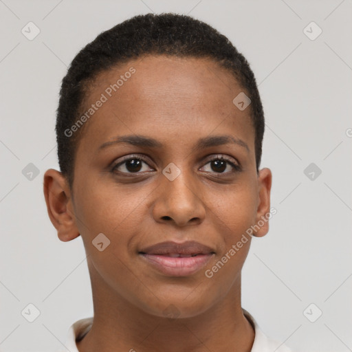 Joyful black young-adult female with short  brown hair and brown eyes