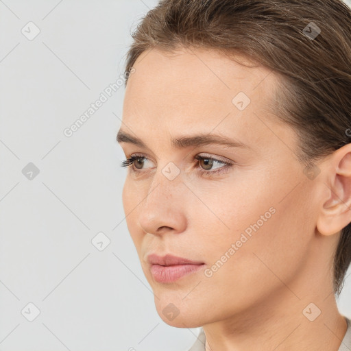 Neutral white young-adult female with medium  brown hair and brown eyes