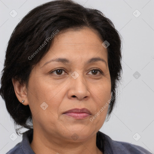 Joyful white adult female with medium  brown hair and brown eyes