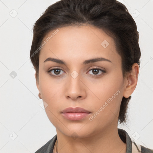 Neutral white young-adult female with short  brown hair and brown eyes