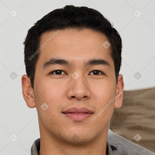 Neutral asian young-adult male with short  brown hair and brown eyes