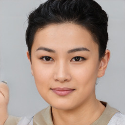 Neutral asian young-adult female with short  brown hair and brown eyes