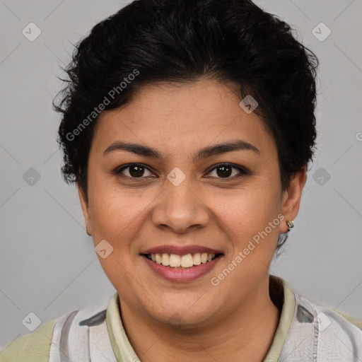 Joyful latino young-adult female with short  brown hair and brown eyes