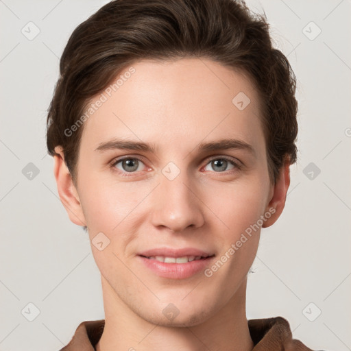 Joyful white young-adult female with short  brown hair and grey eyes