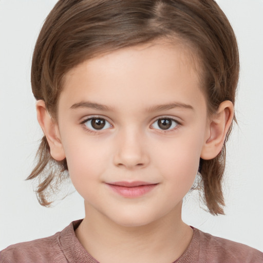 Joyful white child female with medium  brown hair and brown eyes