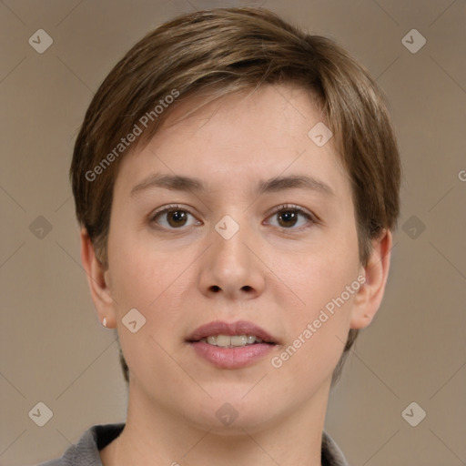 Joyful white young-adult female with short  brown hair and brown eyes