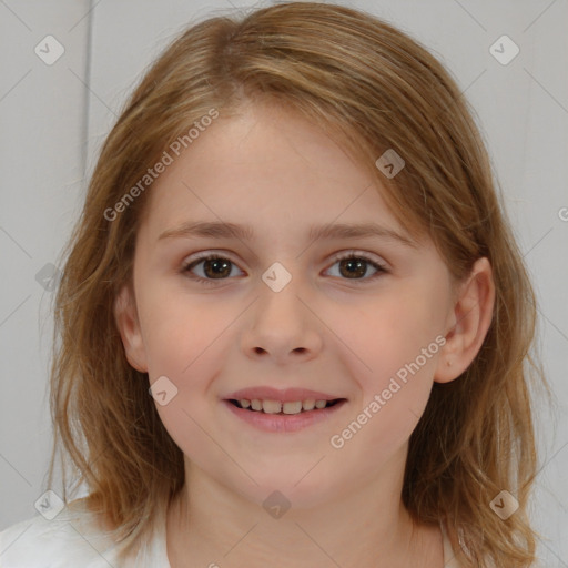 Joyful white child female with medium  brown hair and brown eyes