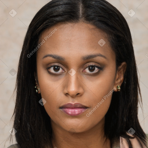 Neutral asian young-adult female with long  brown hair and brown eyes