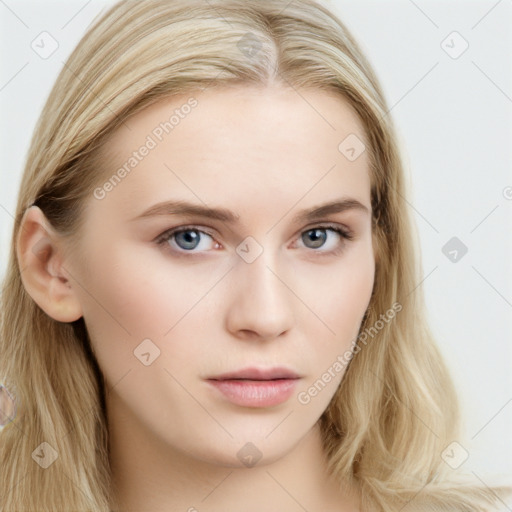 Neutral white young-adult female with long  brown hair and blue eyes