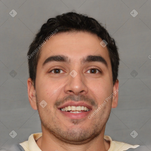 Joyful white young-adult male with short  black hair and brown eyes