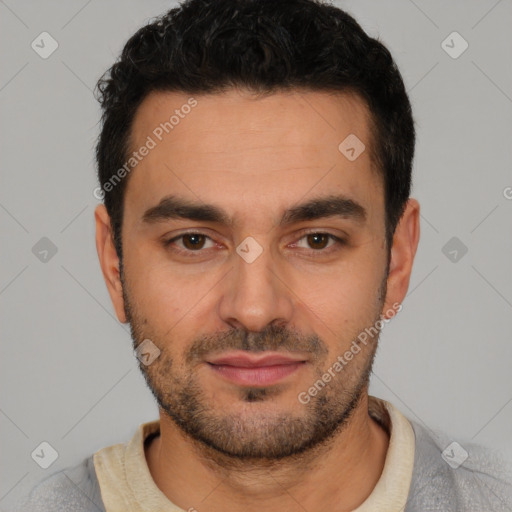 Joyful white young-adult male with short  black hair and brown eyes