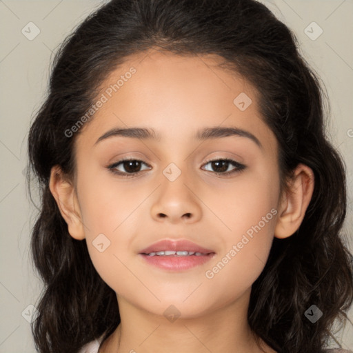 Joyful white child female with long  brown hair and brown eyes