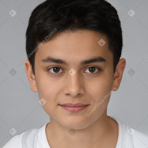 Joyful white child male with short  brown hair and brown eyes