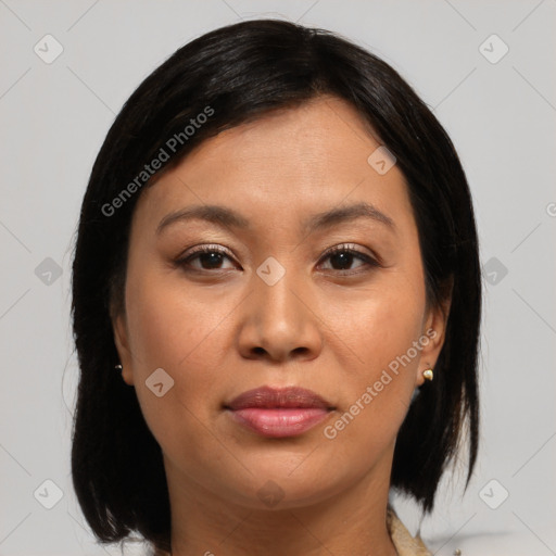 Joyful asian young-adult female with medium  brown hair and brown eyes