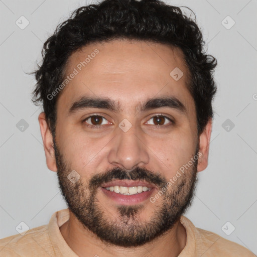 Joyful white young-adult male with short  black hair and brown eyes