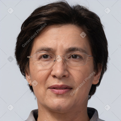 Joyful white adult female with short  brown hair and brown eyes