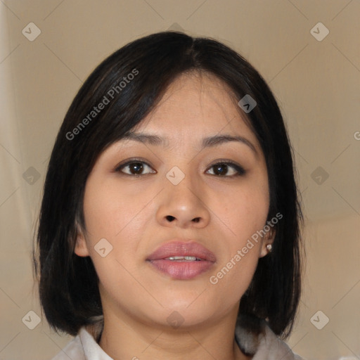 Neutral asian young-adult female with medium  brown hair and brown eyes