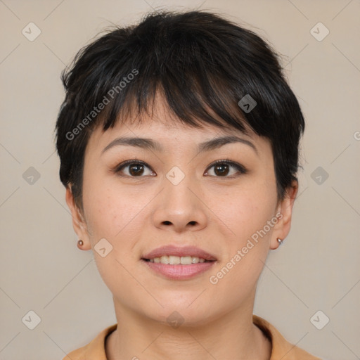 Joyful asian young-adult female with short  brown hair and brown eyes