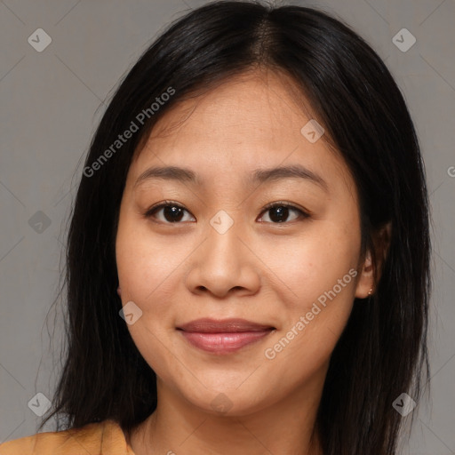 Joyful asian young-adult female with medium  brown hair and brown eyes