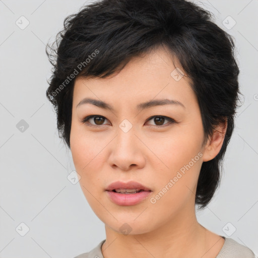 Neutral asian young-adult female with medium  brown hair and brown eyes