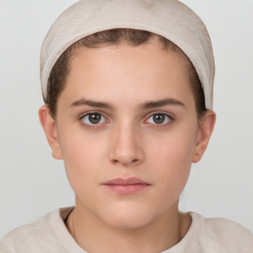 Neutral white young-adult female with short  brown hair and brown eyes