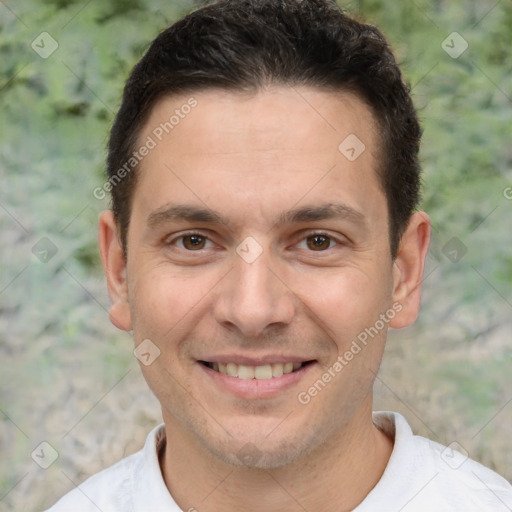 Joyful white young-adult male with short  brown hair and brown eyes