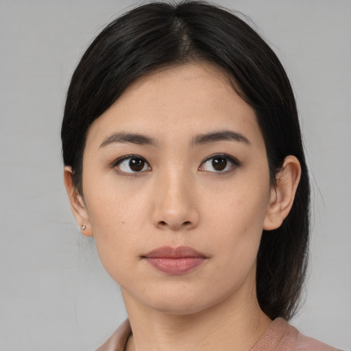 Neutral asian young-adult female with medium  black hair and brown eyes