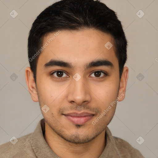 Joyful latino young-adult male with short  brown hair and brown eyes